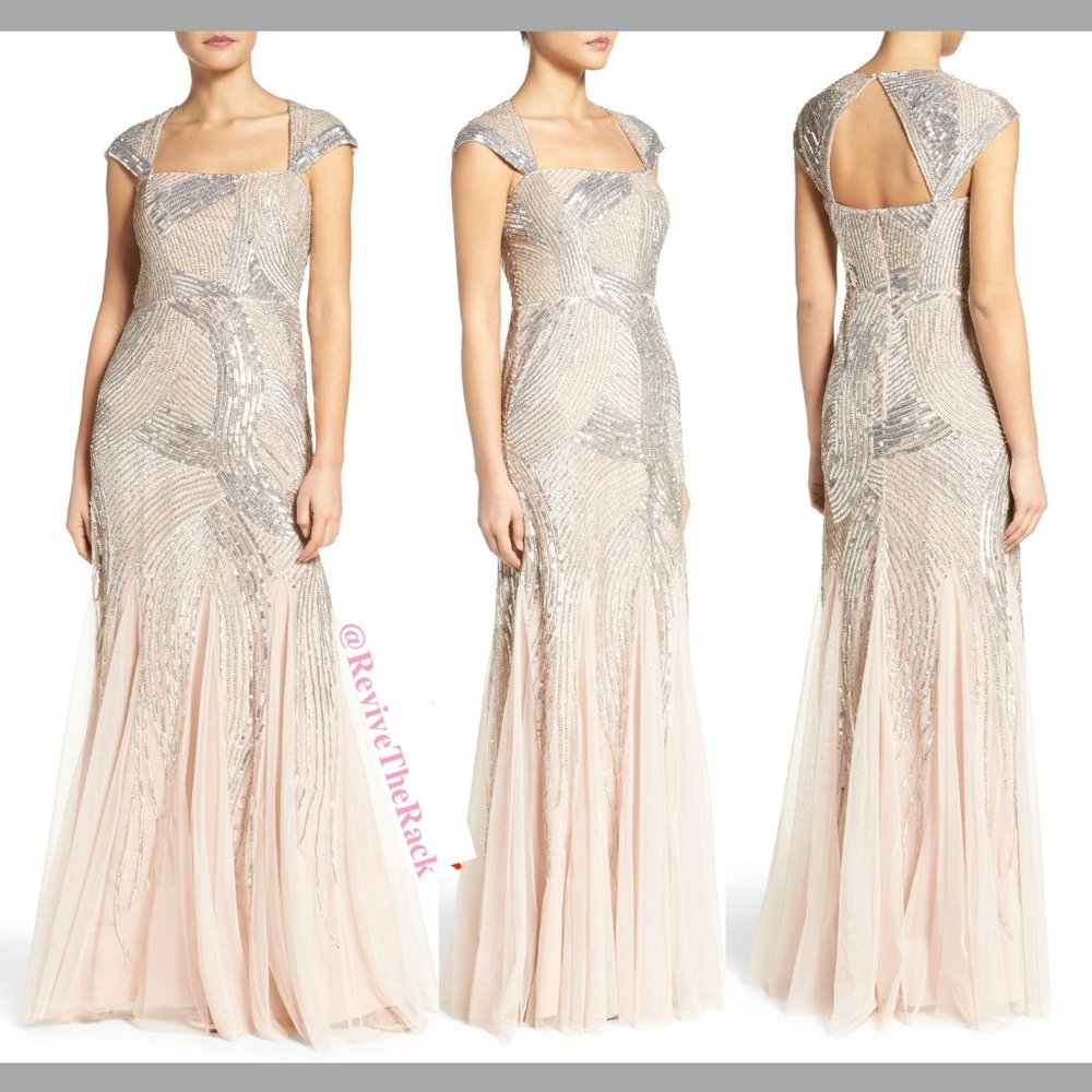 NEW Adrianna Papell Embellished Cap-Sleeve‎ Envelope Gown in Shell [ PETITE 8P ]